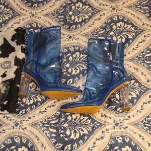 Elegant Blue and Yellow Transparent Heeled Boots
